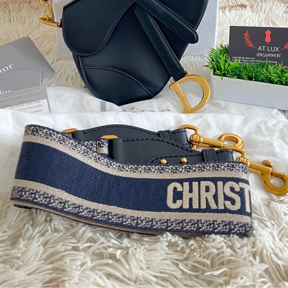 Authentic CHRISTIAN DIOR Navy/Beige Embroidered Woven Shoulder Strap